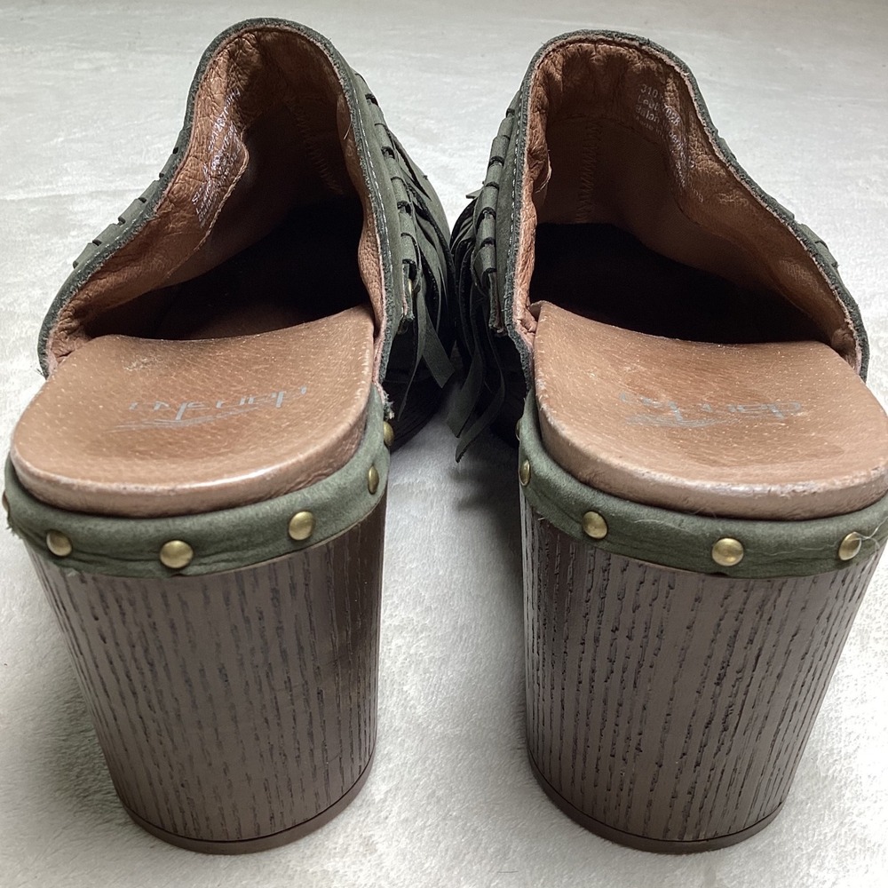 Dansko Maria Olive Green Nubuck Leather Fringe Clog Mules Studded Platform 42 - Picture 4 of 9